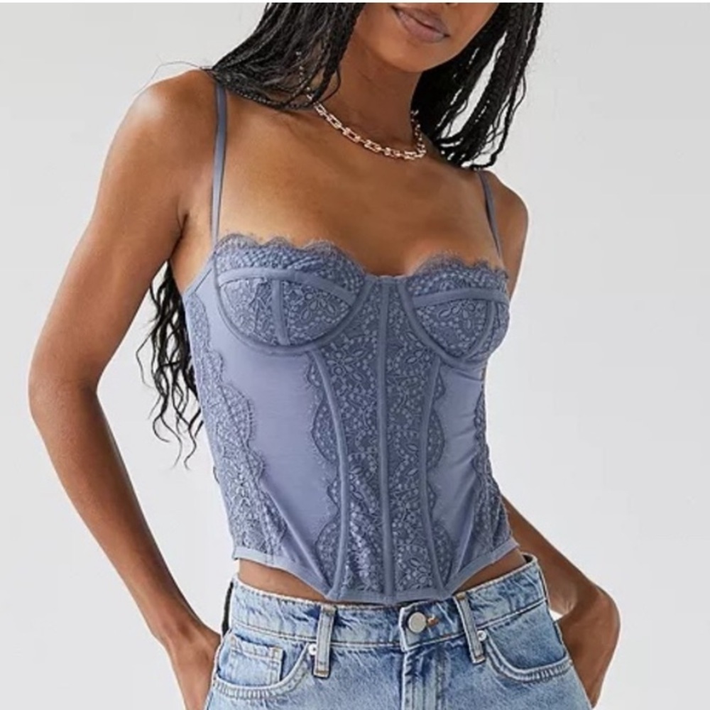 Urban Outfitters Out From Under Slate Gray Blue Modern Love Lace Corset NWT Sz S
